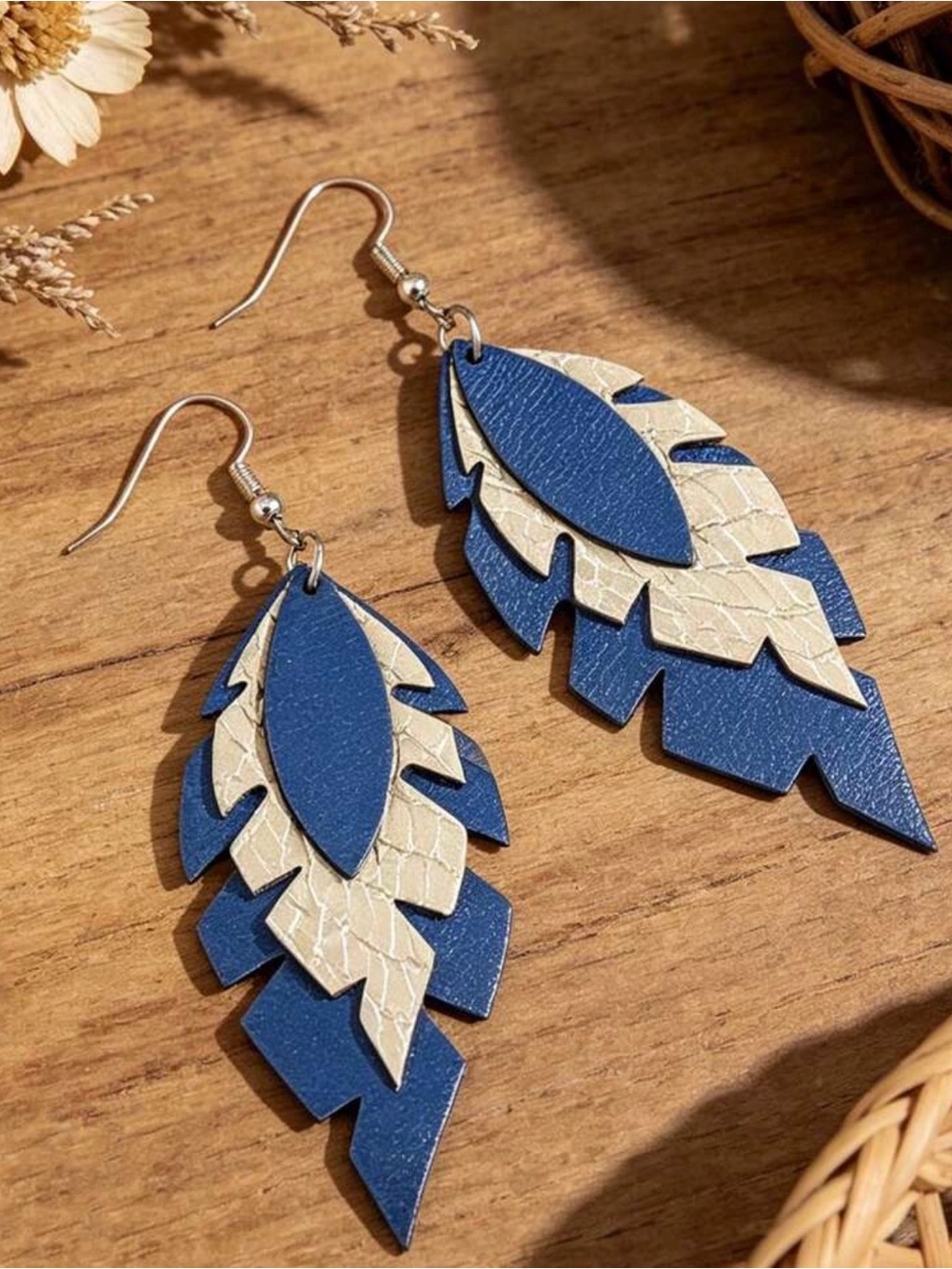Blue and Gold Layered Feather Drop Earrings - Women Jewelry - Picture 4 of 7